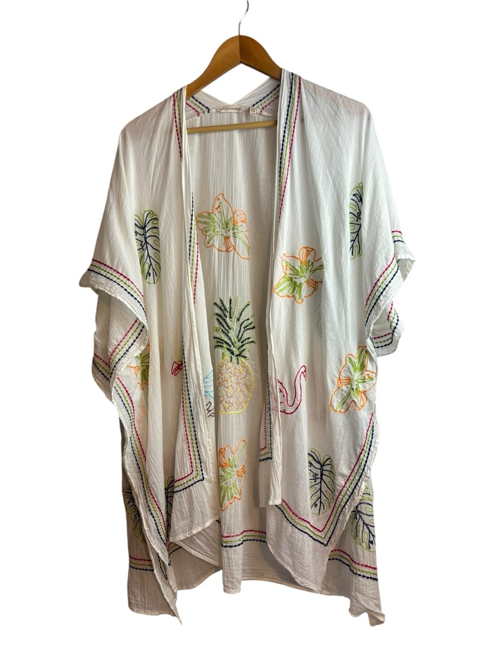 Soft Surroundings Cream Tropical pineapple Kimono Swim Cover Up 100% cotton OS